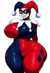 ai_generated big_smile dc gigantic_ass gigantic_breasts green_eyes harley_quinn harley_quinn_(classic) huge_ass huge_breasts jester large_breasts latex latex_suit massive_ass massive_breasts navel skin_tight smile wide_ass wide_hips