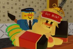 1boy 1girls 3d 3d_(artwork) black_gloves blonde_hair blush combat_initiation female genderswap_(mtf) gloves male roblox roblox_game rule_63 self_upload sex shopkeeper_(combat_initiation) straight visor wompwompsad yellow_body yellow_skin