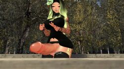 1futa big_breasts big_penis clothed dress futanari lime_hair mommy outside thick_thighs thighhighs vrchat vrchat_avatar