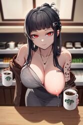 ai_generated big_breasts black_hair boobs_out breast_milk_in_a_cup breasts breasts_out girl goddess_of_victory:_nikke lactation milk milking nikke pov pov_eye_contact red_eyes tits_out