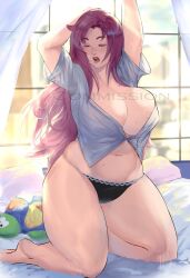 1girls arms_up bangs barefoot bed bedroom black_panties breasts cleavage closed_eyes curtains eyebrows_visible_through_hair indoors kneeling large_breasts long_hair navel no_bra on_bed open_clothes open_mouth open_shirt original original_character panties pillow pink_hair puzzled_artist shirt sitting skindentation solo thighs underwear white_shirt window yawning