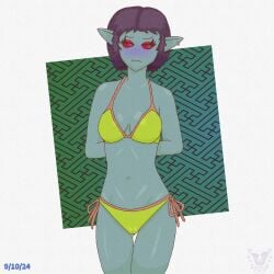 arms_behind_back bikini blush breasts colored_skin cowboy_shot dunmer earrings embarrassed female hi_res jewelry looking_at_viewer medium_breasts navel pointy_ears red_eyes rogue_(artist) self_upload short_hair side-tie_bikini_bottom skyrim solo swimsuit the_elder_scrolls thigh_gap