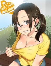 breasts cleavage cleavage_reach ear_piercing earrings female flashing glasses large_breasts nipple_slip piercing ryo_agawa solo tagme