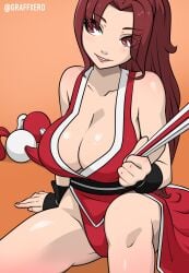 1girls big_breasts big_breasts brown_eyes brown_hair cleavage clothed female gloves hair hanging_breasts japanese japanese_clothes king_of_fighters light-skinned_female light_skin long_hair mai_shiranui sitting sitting_down sitting_on_floor tied_hair voluptuous voluptuous_female