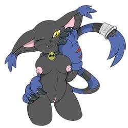 bell belly big_breasts black_fur black_nose blackgatomon blacktailmon blue_fur breasts claws clothing collar dicey digimon ear_tuft feline female fur gloves long_tail mammal nipples one_eye_closed pink_nipples pussy solo tail_ring tealxstreak tuft wink