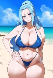 ai_generated beach bikini blue_bikini blue_eyes blue_hair blue_panties cleavage creamy_ai curvy female female_only highleg_panties large_breasts long_hair midriff navel nefertari_vivi one_piece ponytail thick_thighs wide_hips