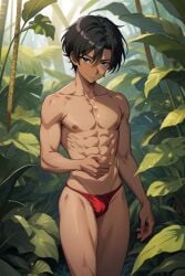 ai_generated dark-skinned_femboy dark_hair dark_skin femboy grown_up jungle jungle_background jungle_boy loincloth loincloth_bulge looking_at_viewer mowgli muscular_femboy the_jungle_book