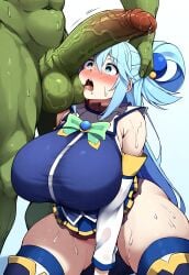 1boy 1girls ai_generated alternate_breast_size aqua_(konosuba) balls big_balls big_breasts big_cock big_penis big_testicles blue_eyes blue_hair breasts clothed clothed_female clothed_female_nude_male clothing cock erect_penis erection female front_view genitals goddess green_skin huge_breasts huge_cock imminent_fellatio imminent_oral imminent_penetration imminent_rape imminent_sex kneeling kono_subarashii_sekai_ni_shukufuku_wo! large_breasts large_penis legwear light-skinned_female light_skin long_penis male monster monster_cock novelai pale-skinned_female pale_skin penis penis_on_head ribbon saliva saliva_drip saliva_trail shocked shocked_expression simple_background standing sweat sweatdrop sweating sweaty_body testicles thick_thighs thighhighs thighs veiny_penis white_skin