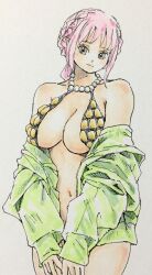 bare_legs bare_shoulders black_eyes braid braided_ponytail breasts cleavage female female_only highres jacket large_breasts long_hair looking_at_viewer navel one_piece open_clothes open_jacket puipui rebecca_(one_piece) revealing_clothes shiny_skin single_braid smile standing traditional_media unworn_jacket very_long_hair