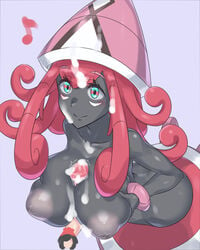 1boy 1girls big_breasts black_skin breasts cum fairy female human interspecies inverted_nipples mizuumi_(bb) nintendo paizuri penis pokemon pokemon_sm straight tapu_lele