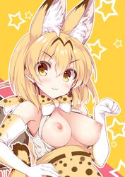 >:3 :3 animal_ears bare_shoulders blonde_hair blush bow bowtie breasts breasts_out elbow_gloves extra_ears eyebrows_visible_through_hair eyes_visible_through_hair female gloves hair_between_eyes hand_on_hip high-waist_skirt kemono_friends looking_at_viewer medium_breasts multicolored multicolored_background nipples open_clothes open_shirt paw_pose pink_background print_bowtie print_gloves print_skirt sample serval_(kemono_friends) serval_ears serval_print serval_tail shirt short_hair skirt sleeveless sleeveless_shirt solo star starry_background tail tateha_(marvelous_grace) two-tone_background upper_body white_shirt yellow_background yellow_eyes