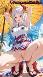 1girls 2025 ai_generated armpit armpits arms_behind_head arms_up beach blush breasts earrings feet female hi_res highres hoop_earrings horns japanese_clothes jewelry kimono large_breasts long_hair looking_at_viewer natsuyoru one_piece one_piece:_egghead_arc open_mouth outdoors palm_tree patreon pussy red_eyes red_horns rope sand sandals sideboob sleeveless smile solo spread_legs squatting thighs toenails toes umbrella uncensored vagina voluptuous voluptuous_female white_hair yamato_(one_piece)