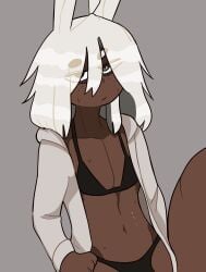 1boy 2d 2d_(artwork) 2d_artwork belly_button black_bra black_panties bra bunny_ears coello commission cropped dark-skinned_femboy dark-skinned_male dark_skin eyebrows_visible_through_hair eyes_visible_through_hair femboy freckles grey_eyes hoodie kemonomimi long_sleeves navel no_pants open_hoodie original_character paid_reward_available panties penismaster48 roblox roblox_avatar robloxian short_hair simple_background sleeves standing stomach sweat unamused white_hair white_sleeves