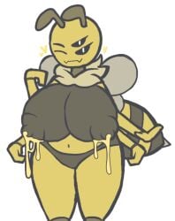 4_arms 4_eyes aplovestudio bee bee_girl honey huge_breasts huge_nipples insects lactation multi_arm multi_eye multi_limb nude original_character wings yellow_body