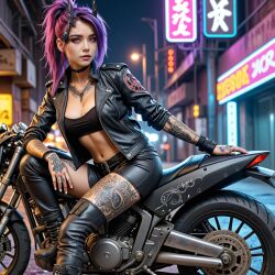 ai_generated leather_clothing lilith_(lust_goddess) lust_goddess motorcycle purple_hair red_eyes tattoos tingelerdick