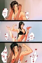 2boys 2girls aerith_gainsborough american_psycho_(meme) black_hair blue_eyes blush bottomless bottomless_female bra cissnei cloud_strife couple couples dialogue female femdom femsub final_fantasy final_fantasy_vii flexing flexing_bicep grin humor implied_nudity legs legs_up long_hair looking_at_another male maledom malesub meme moaning nude offscreen_character origussy pantyhose red_eyes scar sex smile speech_bubble sweat tifa_lockhart zack_fair