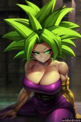 ai_generated anime breasts breasts busty cleavage dragon_ball dragon_ball_super girl green_hair kefla kefla_(dragon_ball) leggings smile solo waifulifestyle