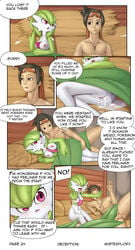 after_sex balls breasts comic cum cum_in_pussy cum_inside cum_on_body duo english_text female gardevoir green_hair hair hi_res human humanoid interspecies male mammal masterploxy nintendo page_24 pokemon pokemon_(species) text video_games