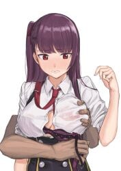 1boy absurdres blush bra breasts female girls'_frontline grabbing_another's_breast groping hair_ribbon hand_up highres kuro_(zhurunbo1997) long_hair looking_down medium_breasts necktie nipples one_side_up purple_bra purple_hair red_eyes red_necktie removing_bra removing_bra_under_shirt ribbon shirt solo_focus straight sweat sweatdrop underwear wa2000_(girls'_frontline) wet wet_clothes wet_shirt white_background white_shirt