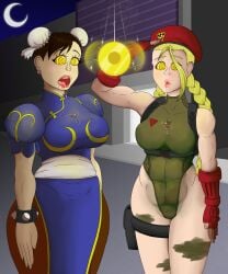 2girls abs big_breasts black--wave blonde_hair braided_hair brown_hair cammy_white chun-li drooling female female_only femsub hypnosis light_skin long_hair short_hair spiral_eyes standing_at_attention street_fighter twintails