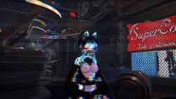 3d animated awonsfw black_eyes black_hair blue_eyes blue_hair breasts cat_ears cyberpunk hoodie_only nails tattoo tattoos vrchat vrchat_avatar vrchat_media