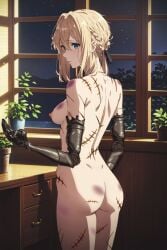 ai_generated blonde_hair blue_eyes looking_back mechanical_arm medium_breasts nekom14 nipples prosthetic_arm scars_all_over scars_on_body scars_on_legs violet_evergarden violet_evergarden_(character)