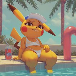 ai_generated anthro bikini cameltoe female female_only furry game_freak hat nintendo pikachu pokemon pokemon_(species) pool poolside scalieton self_upload smile swimsuit wet_clothes