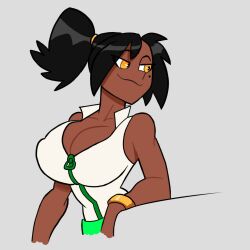 1girls beauty_mark big_breasts black_hair breasts cleavage dark-skinned_female dark_skin female furiousart imani_(zrfurious) jacket mole mole_(marking) mole_on_cheek mole_under_eye ponytail yellow_eyes zrfurious