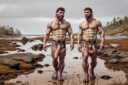 2boys abs ai_generated animal_penis balls ballsack beard brown_hair erection facial_hair hooves horsecock humanoid low_tide male male_only mud muscles muscular_male mustache nude_male pecs penis satyr scrotum scruffy testicles tidal_marsh