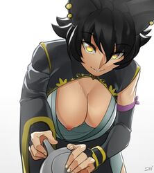 1girls animal_ears areolae arm_warmers big_breasts black_hair breasts buckle cardigan cat_ears down_blouse ear_piercing faunus female hakama hanging_breasts jacket kali_belladonna large_breasts looking_at_viewer milf nekomimi nipple_slip nipples piercing rwby short_hair sinccubi sleeve smile solo tea wafuku yellow_eyes