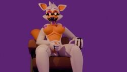 3d anthro balls cum five_nights_at_freddy's fox furry futanari lolbit_(fnaf) looking_at_viewer masturbation orange_hair purple_hair solo spacebaron tongue_out