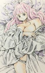 bare_legs bare_shoulders bed black_eyes breasts covering_breasts covering_privates drill_hair female female_only highres large_breasts long_hair looking_at_viewer on_bed one_piece panties panties_only perona puipui shiny_skin traditional_media underwear very_long_hair white_panties