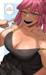 1girls cleavage cute dirt dirty fat_breasts gud0c large_breasts looking_at_viewer mei_hatsume my_hero_academia open_mouth pink_hair pointing post-timeskip scientist shueisha smiling speech_bubble text yellow_eyes