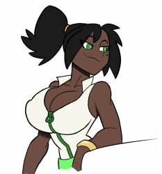 1girls beauty_mark big_breasts black_hair breasts cleavage dark-skinned_female dark_skin female furiousart green_eyes imani_(zrfurious) jacket mole mole_(marking) mole_on_cheek mole_under_eye ponytail zrfurious
