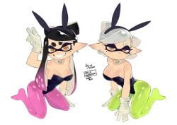 beauty_mark big_breasts breasts bunny_ears bunny_girl bunnysuit callie_(splatoon) cleavage feet feet_in_stockings hi_res looking_at_viewer marie_(splatoon) official_alternate_hairstyle on_knees orlycuster pantyhose peace_sign smile splatoon splatoon_3