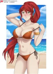 beach bikini circlet cleavage green_eyes huge_breasts long_hair ponytail pyrrha_nikos red_hair rwby tehshraid voluptuous