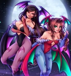 2girls aerith_gainsborough bare_shoulders bat_wings black_hair boots breasts brown_hair cleavage cosplay covered_navel crossover darkstalkers final_fantasy final_fantasy_vii green_eyes large_breasts leotard lilith_aensland lilith_aensland_(cosplay) long_hair medium_breasts moon morrigan_aensland morrigan_aensland_(cosplay) night pantyhose red_eyes skimpy_clothes skin_tight stars tagme tifa_lockhart wings yuube yuubegood