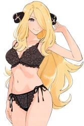 1girls black_bra black_panties blonde_hair blush bra breasts clothing cynthia_(pokemon) female legs_together lingerie long_hair matching_underwear osg_pk panties pokemon smile wide_hips