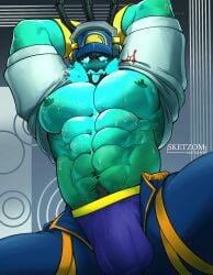 abs arms_up bara bara_tiddies bara_tits big_pecs bulge erect_nipples gloves handwear headphones headwear janitor_thresh league_of_legends male male_focus male_only muscular muscular_male nipples open_pants pants_open pecs shirt shirt_lift sketzom solo solo_male the_grind_series thresh tongue tongue_out underwear visible_underwear