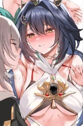 armpit_fetish armpits arms_up blush female female_focus honkai:_star_rail stelle_(honkai:_star_rail) underboob yunli_(honkai:_star_rail)