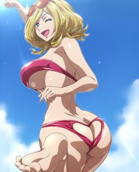 1girls ass ass_cleavage bikini blonde_hair blue_eyes breasts butt_crack code_geass dat_ass feet female female_only hairu heart_cutout large_breasts milly_ashford one_eye_closed pantsu short_hair solo solo_focus sunglasses sunglasses_on_head swimsuit underboob underwear wink