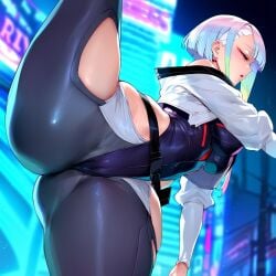 1girls ai_generated bangs blurry blurry_background breasts cameltoe cd_projekt_red closed_eyes cyberpunk:_edgerunners cyberpunk_(series) cyborg depth_of_field earrings huge_breasts jewelry leotard_under_clothes lucyna_kushinada outdoor piercing road short_hair