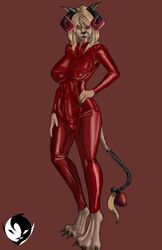 1futa 2011 anthro breasts canine claws clothing dickgirl digitigrade erection erection_under_clothes fangs futanari intersex looking_at_viewer mammal red_eyes rubber shintori solo solo_futa