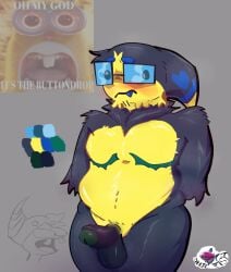 balls black_cock blue_fur blush buttondrop_(regretevator) chubby embarrassed embarrassed_nude_male fat_cock fat_thighs glasses glasses_on_head hands_behind_back mastectomy_scar meme_in_the_background navy_blue_fur palette regretevator roblox simple_background steam top_surgery_scars yellow_fur