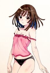 ai_assisted ai_generated ass_visible_through_thighs bare_arms bare_legs bare_shoulders bare_thighs belly_button black_panties blush body_blush breasts brown_eyes brown_hair jei_games medium_hair monogatari_(series) nightgown off_shoulder open_mouth panties pink_nightgown sengoku_nadeko small_breasts strap_slip thighs wet_body wet_hair