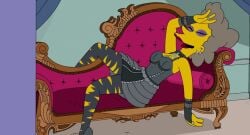 1girls 2024 20th_century_fox 20th_century_studios black_clothing choker cropped cropped_image disney ear_piercing eyeshadow goth_clothing gothic grey_hair heels helen_lovejoy lipstick married_woman screenshot the_simpsons yellow_skin