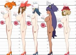 5girls ass blue_eyes blue_hair blush breasts brown_eyes dark-skinned_female dark_skin dawn_(pokemon) female female_only fertilization game_freak green_eyes hat high_heels human impregnation iris_(pokemon) kasumi_(pokemon) konrey lineup long_hair may_(pokemon) measurements multiple_girls nintendo nipples no_penetration no_sex open_mouth orange_hair ovum pokemon purple_hair serena_(pokemon) short_hair smile sperm_cell standing x-ray