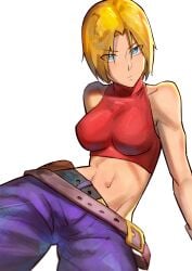 1girls ass_visible_through_thighs belt big_breasts big_breasts blonde_hair blue_eyes blue_mary breasts breasts clothed clothed_female eye_contact female king_of_fighters light-skinned_female light_skin looking_at_viewer m nipple_bulge pants pov pov_eye_contact short_hair sitting_down tank_top turtleneck