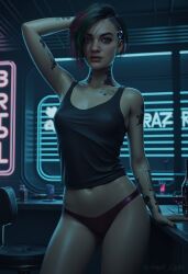 ai_generated angel_light angel_light_(artist) brown_eyes cd_projekt_red cyberpunk_2077 female judy_alvarez multicolored_hair nipples_visible_through_clothing panties