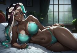 1girls 2024 2024s 2d 2d_(artwork) ai_generated anthro anthro_female athletic athletic_female big_breasts bra breasts dark-skinned_male dark_skin ewwwww_ai female female_only green_bra green_panties lying lying_on_bed lying_on_side marina_(splatoon) nai_diffusion navel nintendo panties smile solo solo_female splatoon splatoon_(series) splatoon_2 splatoon_3 stable_diffusion thick_thighs two-tone_hair two_tone_hair video_game_character video_games